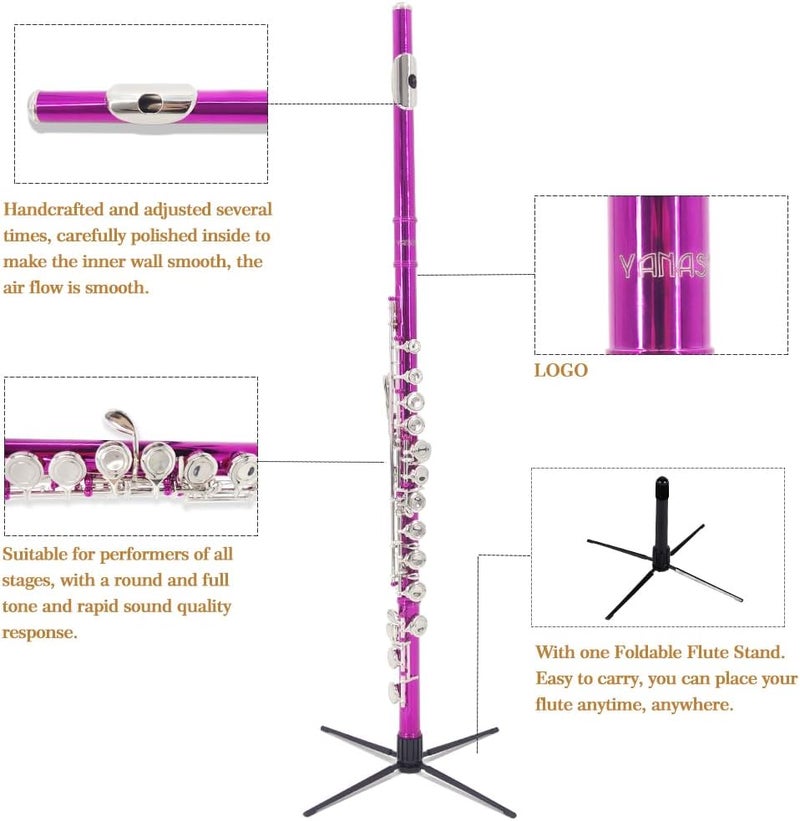 YANASON Pink C Flute Closed Hole 16 Keys Flute Nickel-Plated for Beginner, Student and Professionals with Carrying case, Metal stand, Gloves, Tuning Rod, Cleaning kit(Pink) - Image 5
